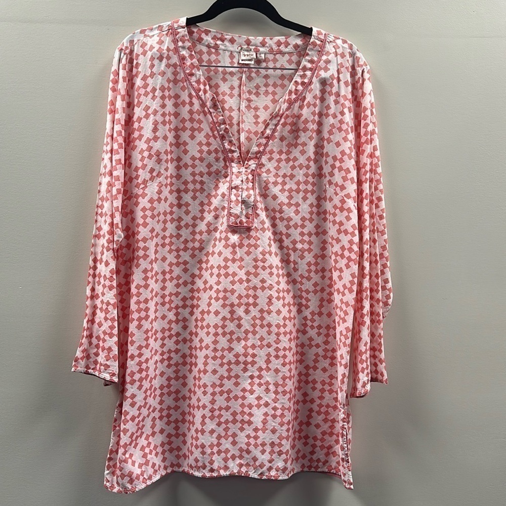Persifor Cotton Tunic Coverup Dress Coral & White V-Neck Sz Large Resortwear